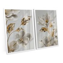 Quadro Decorativo Flores em Ouro Branco e Folhas Ouro Amarelo Kit 2 Tela C/ Moldura e Vidro - Bimper Quadro Decorativo Flores em Ouro Branco e Folhas Ouro Amarelo Kit 2 Tela C/ Moldura e Vidro - Bimper