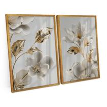 Quadro Decorativo Flores em Ouro Branco e Folhas Ouro Amarelo Kit 2 Tela C/ Moldura e Vidro - Bimper