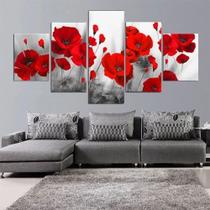 Quadro Decorativo Flores Papoulas Vermelhas Personalizado Kit 5 peças Mosaico 115x60cm