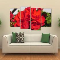 Quadro Decorativo Flores Vermelhas Sala Em Tecido 4 Peças 1R