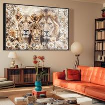 Quadro decorativo florido família de Leão com um filhote