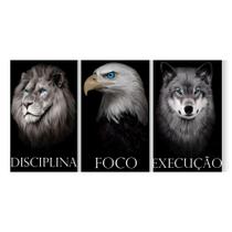 Quadro Decorativo Foco Disciplina Execução Motivacional Para Sala Escritorio 3 peças Grande Pequeno