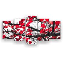 Quadro Decorativo Folhas Vermelhas 129x61 Mosaico 5 Peças - Docepelicula