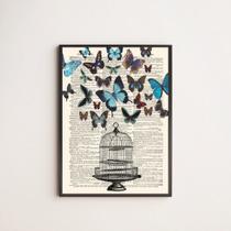 Quadro Decorativo Gaiola Com Borboletas 45x34cm - com vidro