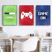 Quadro Decorativo Game On Para Quarto Gamer Kit 3 peças Decoração Mosaico - Car Premium & ARTES