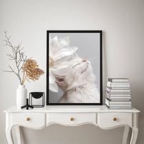 Quadro Decorativo Gatinho Branco Flor Branca 33x24cm Quadro Decorativo Gatinho Branco Flor Branca 33x24cm