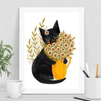 Quadro Decorativo Gatinho Com Margaridas 45x34cm - com vidro