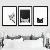 Quadro Decorativo Gatinho Fofinho Gatos Sala Quarto 3 peças Decoração Mosaico Preto e Branco