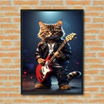 Quadro Decorativo Gatinho Roqueiro Guitarra - 70X50Cm