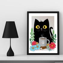 Quadro Decorativo Gato com Caneca 45x34cm - Vidro Branco