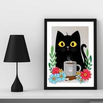 Quadro Decorativo Gato Com CanecaDeCafé 33x24cm