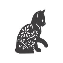Quadro Decorativo Gato Floral Sentado 30Cm Mdf Preto 3Mm
