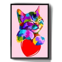 Quadro Decorativo Gato Fofo Colorido Pop Art Coração