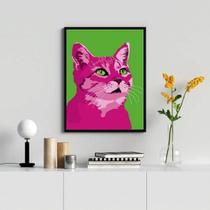 Quadro Decorativo Gato Rosa Pop Art 33x24cm - Vidro e Moldura Branca - Quadros On-Line