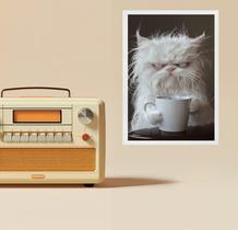 Quadro Decorativo Gato Tomando Café 33X24Cm - Com Vidro