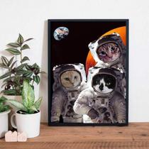 Quadro Decorativo Gatos Astronautas 45X34Cm - Madeira Preta