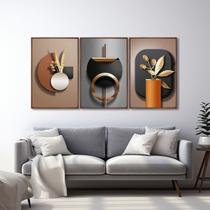 Quadro Decorativo Geométrico Abstrato Marrom com 3 Telas de Parede para Sala Quarto Escritório 60cm Sem Vidro