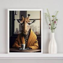 Quadro Decorativo Girafa Tomando Café 33X24Cm - Com Vidro