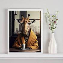 Quadro Decorativo Girafa Tomando Café 33x24cm - com vidro