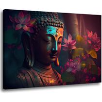 Quadro Decorativo Grande Indiano Buda Yoga Espiritual Zen Meditação Cores Vivas Tela Madeira e Tecido