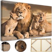 Quadro Decorativo Grande Leão Familia Filhos 60x90 Tela Em Madeira e Tecido Profissional Ultra HD