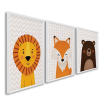 Quadro Decorativo Infantil Amigos da Selva com 3 Telas de Parede para Quarto Sala Brinquedoteca 60cm Sem Vidro