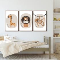 Quadro Decorativo Infantil Animais da Selva com 3 Telas 60x90cm para Quarto Sala Brinquedoteca Sem Vidro
