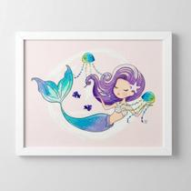Quadro Decorativo Infantil Bebê Menina Sereia 19X24 Moldura
