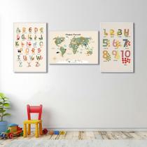 Quadro Decorativo Infantil Conjunto Didático Alfabeto e Mapa Mundi com 3 Telas 50x75 ou 60x90 de Parede para Quarto Sala Brinquedoteca