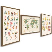 Quadro Decorativo Infantil Conjunto Didático Alfabeto e Mapa Mundi com 3 Telas 50x75 ou 60x90 de Parede para Quarto Sala Brinquedoteca