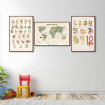 Quadro Decorativo Infantil Conjunto Didático Alfabeto e Mapa Mundi com 3 Telas 60x90cm para Quarto Com Vidro Quadro Decorativo Infantil Conjunto Didático Alfabeto e Mapa Mundi com 3 Telas 60x90cm para Quarto Com Vidro