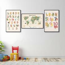 Quadro Decorativo Infantil Conjunto Didático Alfabeto e Mapa Mundi com 3 Telas de Parede para Quarto Preto