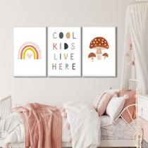 Quadro Decorativo Infantil Crianças Sol e Arco Íris com 3 Telas de Parede para Quarto Sala Brinquedo Branco