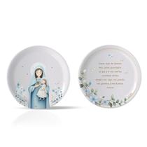 Quadro Decorativo Infantil de Porcelana Pintado a Mão - Oração Santo Anjo com Nossa Senhora Azul