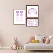 Quadro Decorativo Infantil Delicado Floral Coração Roxo e Arco-Íris com 3 Telas 20x30 30x30 e 30x40 para Quarto Sala Brinquedoteca Quadro Decorativo Infantil Delicado Floral Coração Roxo e Arco-Íris com 3 Telas 20x30 30x30 e 30x40 para Quarto Sala Brinquedoteca