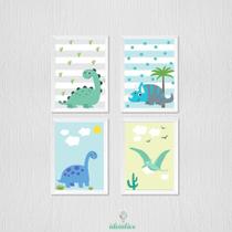 Quadro Decorativo Infantil Dinossauro - 4 Peças em Moldura