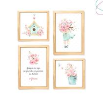 Quadro decorativo infantil flores menina aquarela passarinho Quadro decorativo infantil flores menina aquarela passarinho