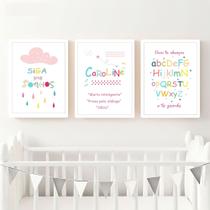 Quadro Decorativo Infantil Menina Moldura Premium Tema Lúdico Minimalista Quarto de Bebê Criança Menina Kit 3 Peças 33x24cm