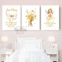 Quadro Decorativo Infantil Menina Moldura Premium Tema Lúdico Minimalista Quarto de Bebê Criança Menina Kit 3 Peças 33x24cm