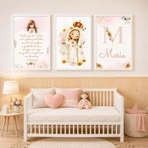Quadro Decorativo Infantil Menina Moldura Premium Tema Lúdico Minimalista Quarto de Bebê Criança Menina Kit 3 Peças 33x24cm