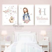 Quadro Decorativo Infantil Menina Moldura Premium Tema Lúdico Minimalista Quarto de Bebê Criança Menina Kit 3 Peças 33x24cm