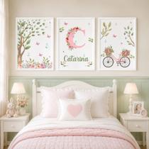 Quadro Decorativo Infantil Menina Moldura Premium Tema Lúdico Minimalista Quarto de Bebê Criança Menina Kit 3 Peças 33x24cm