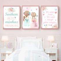 Quadro Decorativo Infantil Menina Moldura Premium Tema Lúdico Minimalista Quarto de Bebê Criança Menina Kit 3 Peças 33x24cm
