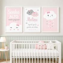 Quadro Decorativo Infantil Menina Moldura Premium Tema Lúdico Minimalista Quarto de Bebê Criança Menina Kit 3 Peças 33x24cm