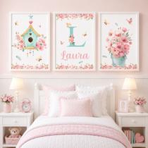 Quadro Decorativo Infantil Menina Moldura Premium Tema Lúdico Minimalista Quarto de Bebê Criança Menina Kit 3 Peças 33x24cm