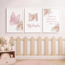 Quadro Decorativo Infantil Menina Moldura Premium Tema Lúdico Minimalista Quarto de Bebê Criança Menina Kit 3 Peças 33x24cm