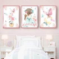Quadro Decorativo Infantil Menina Moldura Premium Tema Lúdico Minimalista Quarto de Bebê Criança Menina Kit 3 Peças 33x24cm