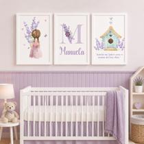 Quadro Decorativo Infantil Menina Moldura Premium Tema Lúdico Minimalista Quarto de Bebê Criança Menina Kit 3 Peças 33x24cm
