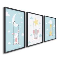 Quadro Decorativo Infantil Noite Encantada Azul com 3 Telas 30x45 e 60x40 de Parede para Quarto Sala Brinquedoteca