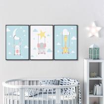 Quadro Decorativo Infantil Noite Encantada Azul com 3 Telas 30x45 ou 60x40 para Quarto Sala Brinquedoteca Quadro Decorativo Infantil Noite Encantada Azul com 3 Telas 30x45 ou 60x40 para Quarto Sala Brinquedoteca